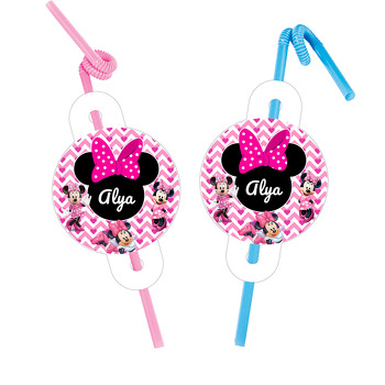 Minnie Mouse ile Zigzag Pembe Fon Temalı Pipet ve Kartı