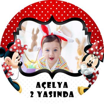 Minnie Mouse Siyah Çerçeve ile Kırmızı Beyaz Fon Temalı Akrilik Daire Magnet