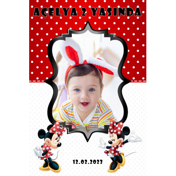 Minnie Mouse Siyah Çerçeve ile Kırmızı Beyaz Fon Temalı Doğum Günü Afiş