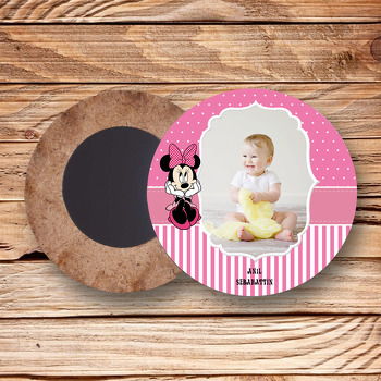 Minnie Mouse Temalı Resimli Ahşap Daire Magnet