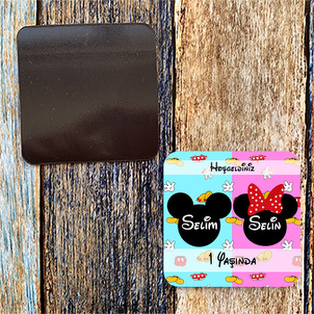 Minnie ve Mickey Mouse Temalı İkiz Doğum Günü Kare Magnet