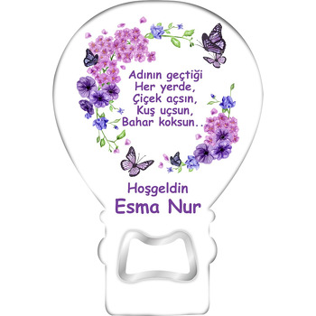 Mor Çiçekler ile Kelebek Çerçeve Beyaz Fon Temalı Balon Magnet Açacak