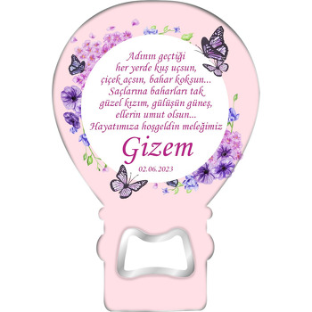 Mor Çiçekler ile Kelebek Çerçeve Pembe Fon Temalı Balon Magnet Açacak