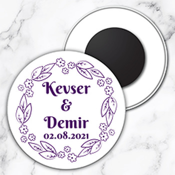 Mor Çizgisel Çiçek Çerçeve Temalı Daire Plastik Magnet