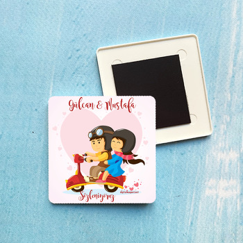 Motorcu Sevgililer Temalı Kare Plastik Kare Magnet