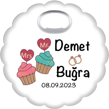 Mr & Mrs Cupcakeler Temalı Çiçek Şekilli Magnet Açacak