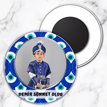 Nazar Boncuğu Fonda Gümüş Çerçeve Temalı Daire Plastik Magnet