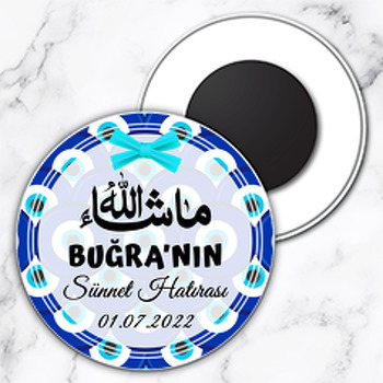 Nazar Boncuğu Fonda Turkuaz Kurdeleli Sünnet Temalı Daire Plastik Magnet