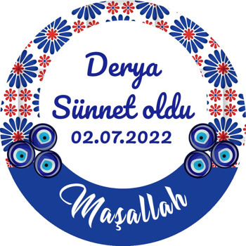 Nazar Boncuğu ve Kırmızı Beyaz Çiçekli Çini Desen ile Sünnet Temalı Akrilik Daire Magnet