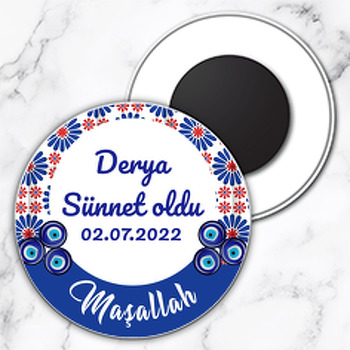 Nazar Boncuğu ve Kırmızı Beyaz Çiçekli Çini Desen ile Sünnet Temalı Daire Plastik Magnet