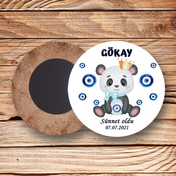 Nazar Boncukları ile Panda Temalı Daire Ahşap Magnet