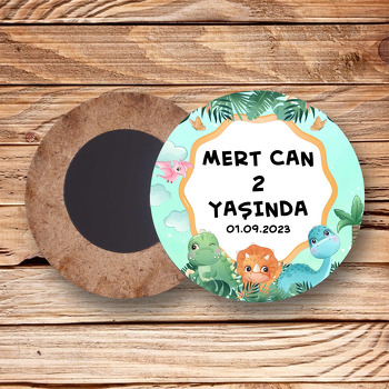 Neşeli Dinozorlar Temalı Ahşap Daire Magnet