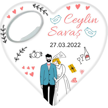 Neşeli Doodle Gelin ile Damat ve Düğün Temalı Kalp Şekilli Magnet Açacak