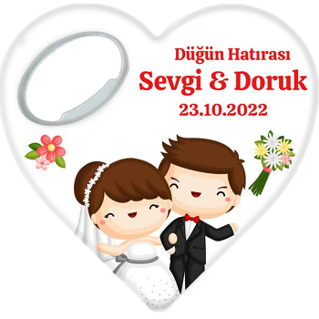 Neşeli Gelin Damat ile Buket ve Çiçekler Temalı Kalp Şekilli Magnet Açacak