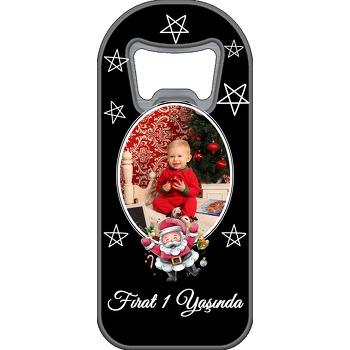 Neşeli Noel Baba ve Yıldızlar Siyah Fon Temalı Uzun Magnet Açacak