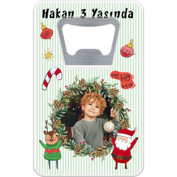 Noel Baba ve Geyik Yeşil Beyaz Fon Temalı Resimli Dikdörtgen Magnet Açacak