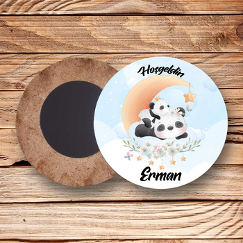 Panda Anne ile Yavrusu Temalı Daire Ahşap Magnet