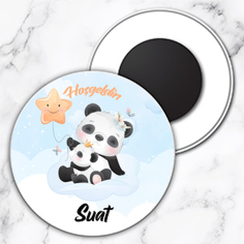 Panda Anne ile Yavrusu Yıldız Balon Temalı Daire Plastik Magnet