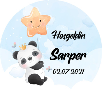 Panda ile Yıldız Balon Temalı Akrilik Daire Magnet