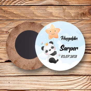 Panda ile Yıldız Balon Temalı Daire Ahşap Magnet