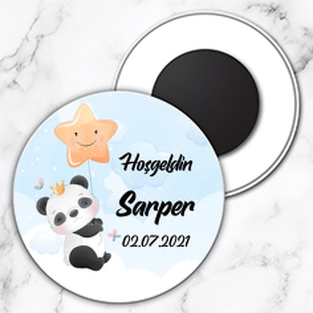 Panda ile Yıldız Balon Temalı Daire Plastik Magnet