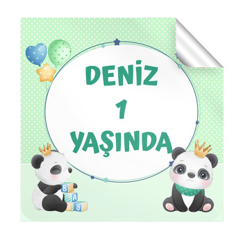 Panda ile Yıldız Çerçeve Temalı Kare Parti Etiket