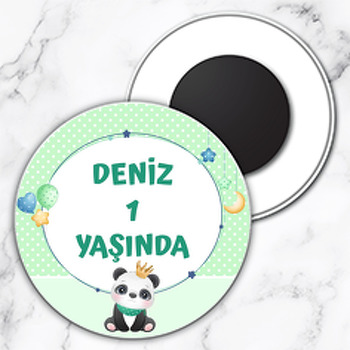 Panda ile Yıldızlı Çerçeve Temalı Daire Plastik Magnet