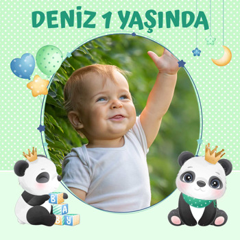 Panda ile Yıldızlı Çerçeve Temalı Doğum Günü   Kare Parti Afiş