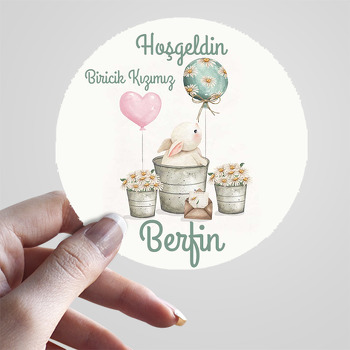 Papatya Saksısında Tavşan ile Pembe Kalp Balon Temalı Sticker