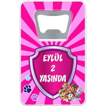 Paw Patrol Pembe Çizgili Fon Temalı Dikdörtgen Magnet Açacak