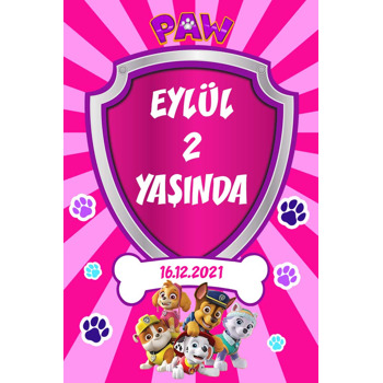 Paw Patrol Pembe Çizgili Fon Temalı Doğum Günü Afiş