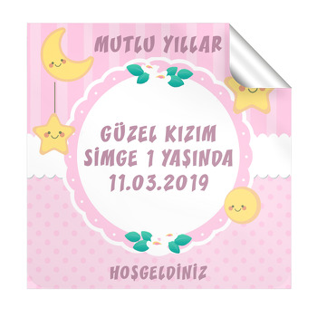 Pembe Ay Ve Yıldız Temalı Kare Parti Etiket