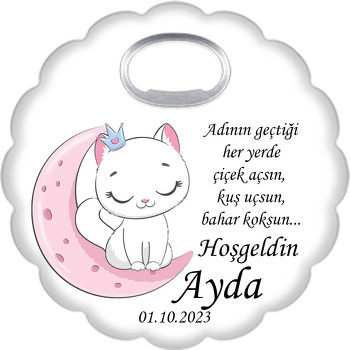 Pembe Ayda Beyaz Kedi Temalı Çiçek Şekilli Magnet Açacak