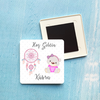 Pembe Ayıcık ve Rüya Kapanı Temalı Kare Plastik Kare Magnet