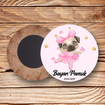 Pembe Balerin Köpek Temalı Daire Ahşap Magnet