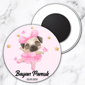 Pembe Balerin Köpek Temalı Daire Plastik Magnet