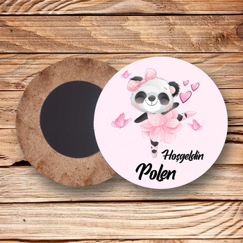 Pembe Balerin Panda Temalı Daire Ahşap Magnet