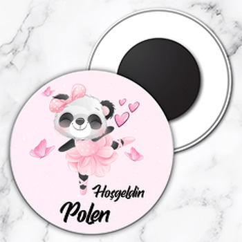 Pembe Balerin Panda Temalı Daire Plastik Magnet