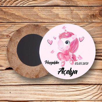 Pembe Balerin Unicorn Temalı Daire Ahşap Magnet