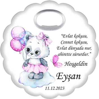 Pembe Balon ile Kelebekle Panda Temalı Çiçek Şekilli Magnet Açacak