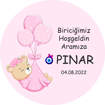 Pembe Balonlarla Bohçada Ayıcık Temalı Akrilik Daire Magnet