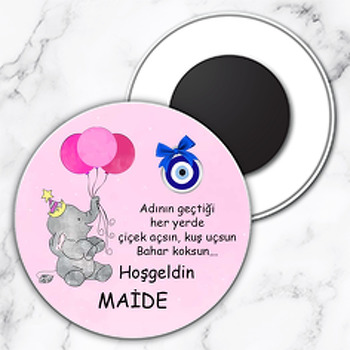 Pembe Balonlu Fil ile Nazar Boncuğu Temalı Daire Plastik Magnet