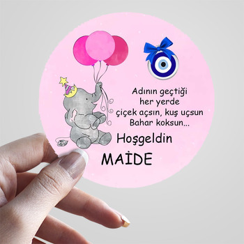 Pembe Balonlu Fil ile Nazar Boncuğu Temalı Sticker