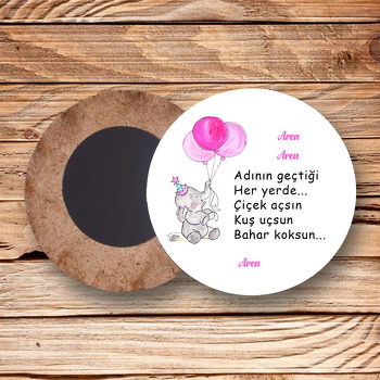 Pembe Balonlu Fil Temalı Ahşap Daire Magnet