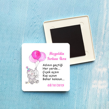 Pembe Balonlu Fil Temalı Plastik Kare Magnet