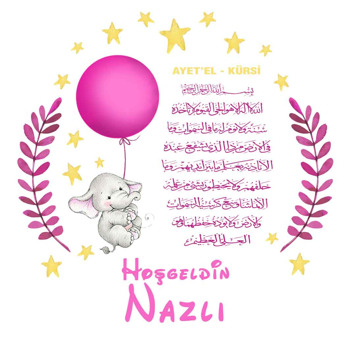 Pembe Balonlu Uçan Fil ile Ayetel Kürsi Temalı Akrilik Daire Magnet