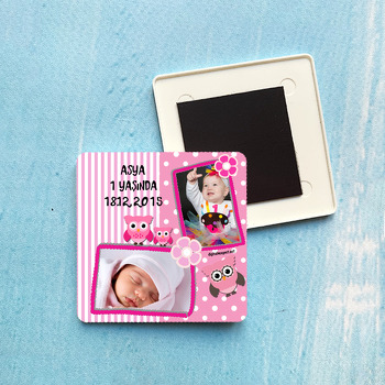 Pembe Baykuşlar Temalı Plastik Kare Magnet