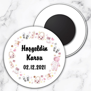 Pembe Bebek Eşyaları Temalı Daire Plastik Magnet