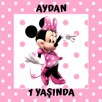 Pembe Beyaz Puantiye Fonda Minnie Mouse Temalı Kare Doğum Günü Parti Afiş