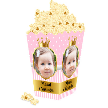 Pembe Beyaz Puantiye ile Gold Çerçeve Temalı Popcorn Kutusu